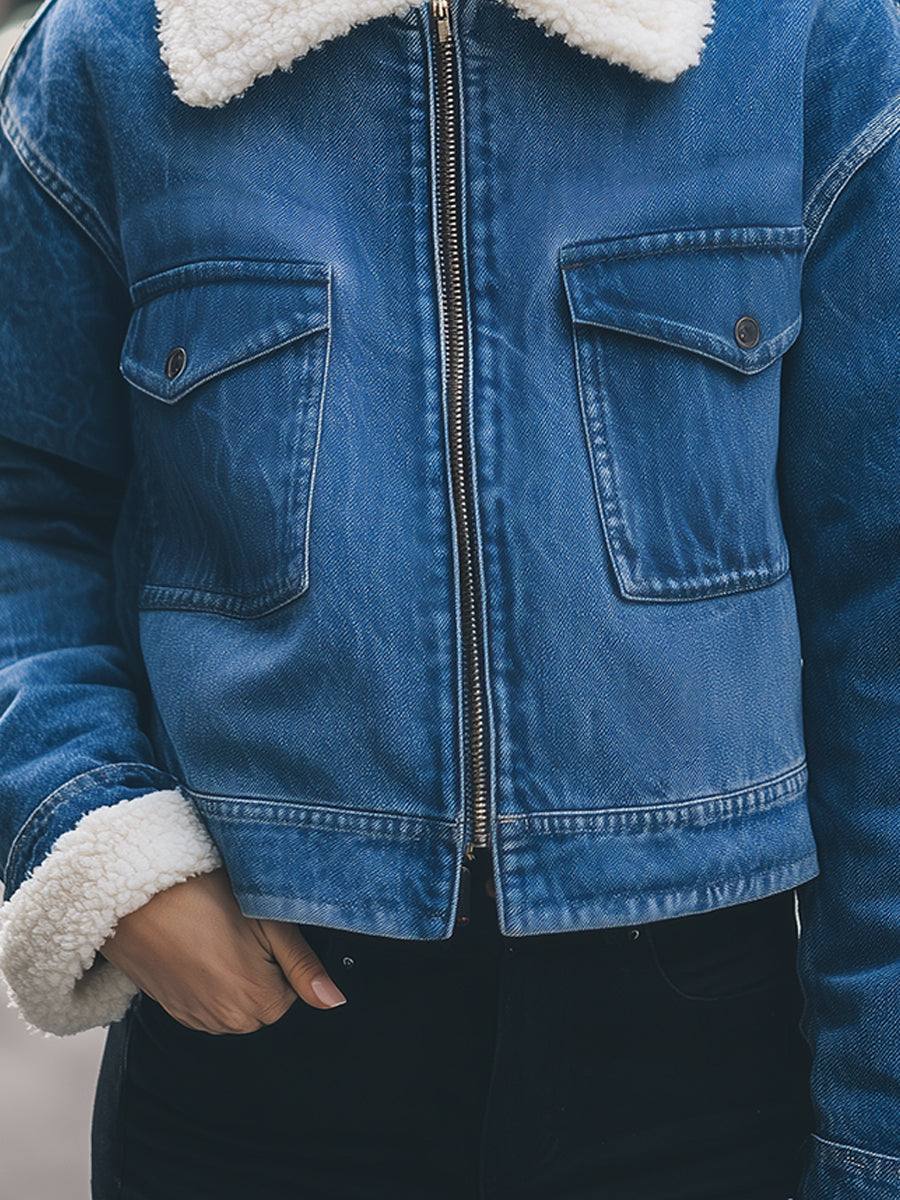 Blue Sherpa-lined denim jacket by Lumina Vancouver, featuring a cozy interior and classic denim design, worn by a model.