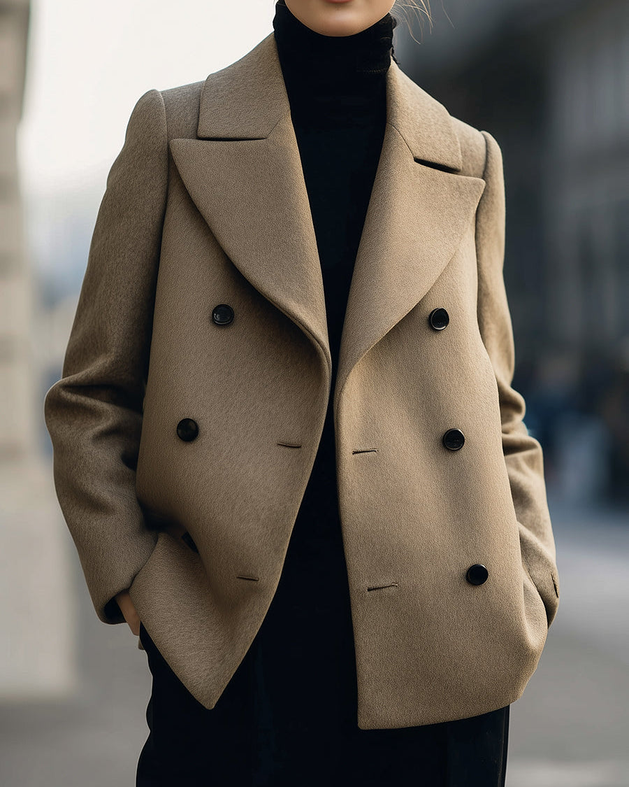 Elena short double-breasted camel coat by Lumina Wear, stylish jacket with classic lapels and tailored fit in a warm camel shade.