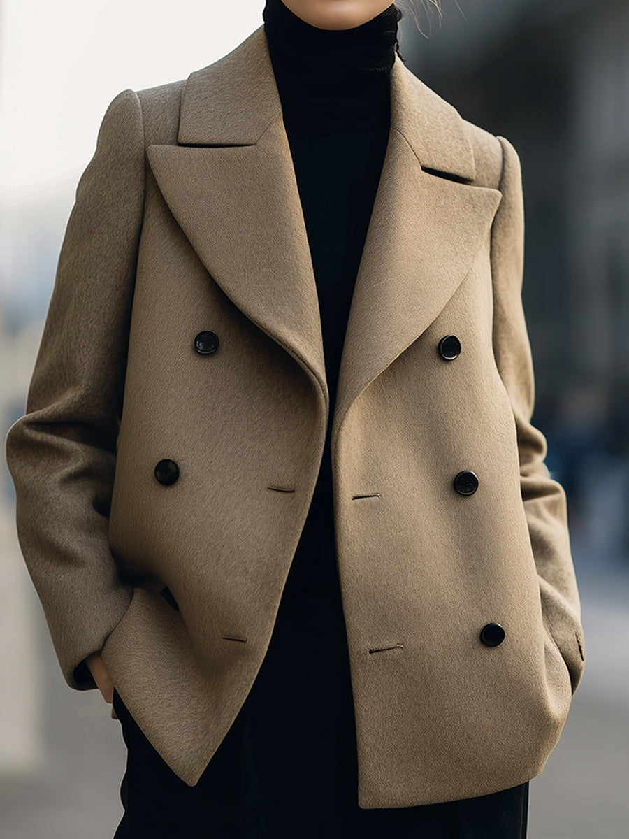 Elena short double-breasted camel coat by Lumina Vancouver, displayed on a hanger, showcasing classic jacket style and warm camel color.