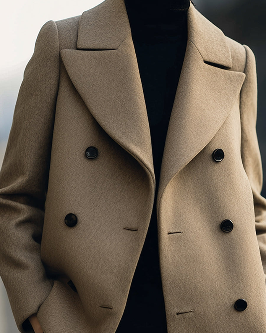 Lumina Wear Elena short double-breasted camel coat jacket, lightweight and stylish, displayed on a hanger against a neutral background.