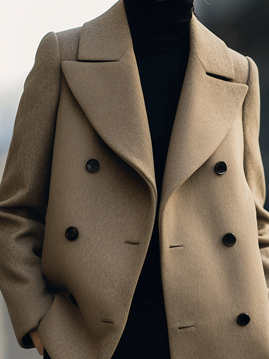 Lumina Vancouver Elena short double-breasted camel coat, lightweight jacket with classic lapels, slim fit, and stylish design.
