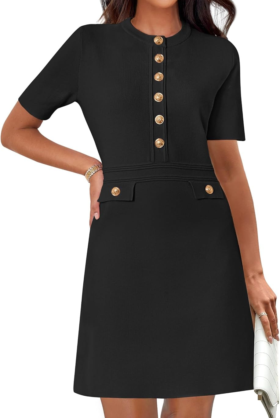 Black Toini short-sleeve A-line mini dress by Lumina Wear, shown on a model with a relaxed fit and simple design.