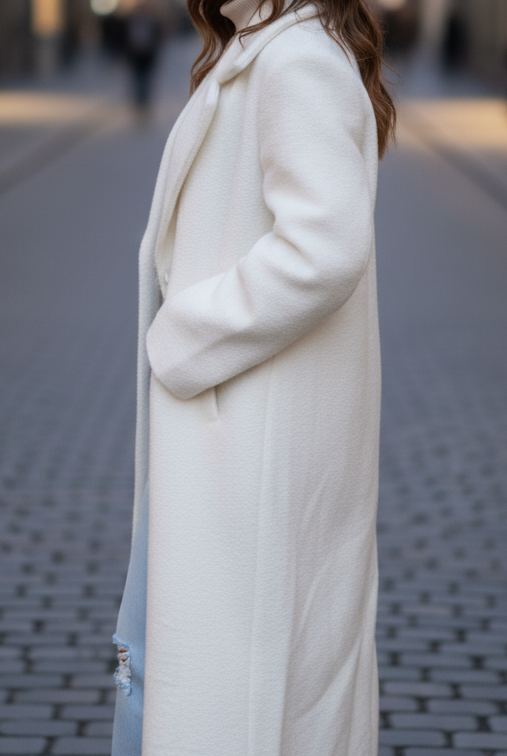 Odalys Lumina Vancouver textured wool-blend double coat in white, shown on a model, stylish winter outerwear for women.