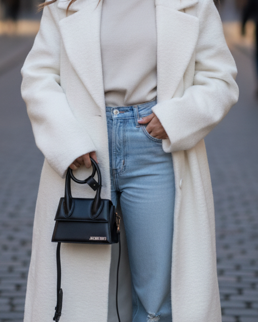 Odalys Lumina white textured wool-blend double coat on a model, showcasing stylish winter outerwear from Lumina Wear.