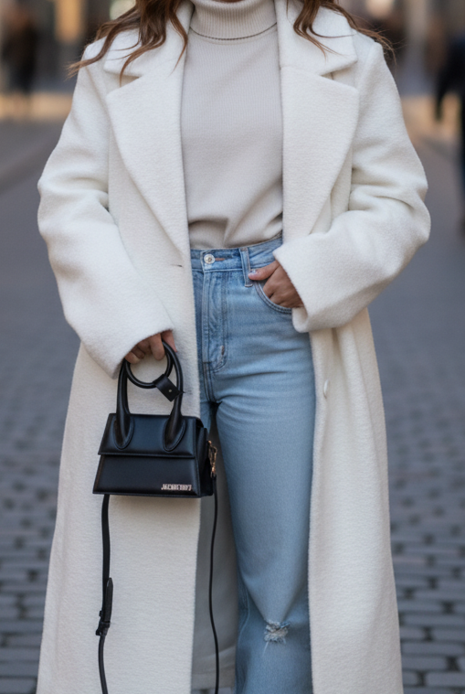 Odalys textured wool-blend double coat by Lumina Vancouver in white, shown on a model, featuring a stylish winter coat design.