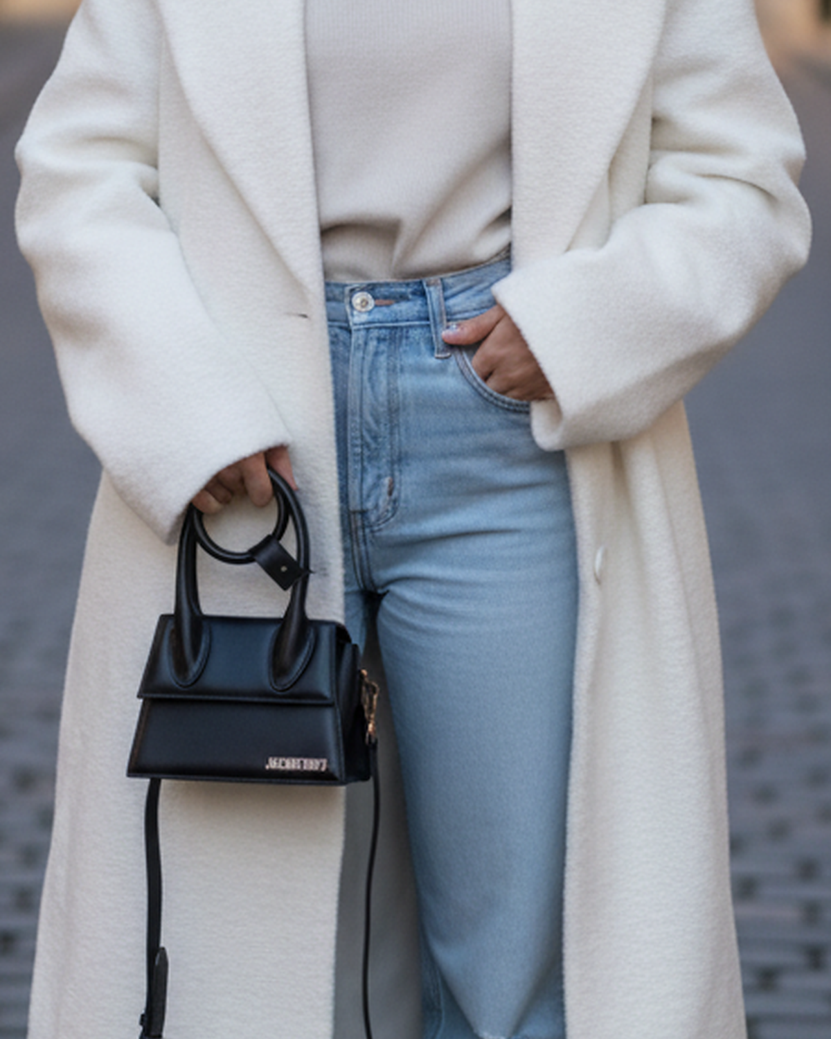 Odalys Lumina textured wool-blend double coat in white, stylish and warm, worn by a model in a winter outdoor setting