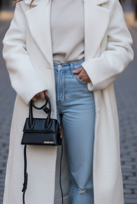 Odalys textured wool-blend double coat by Lumina Vancouver in white, shown on a model, featuring a cozy, stylish winter outerwear design.