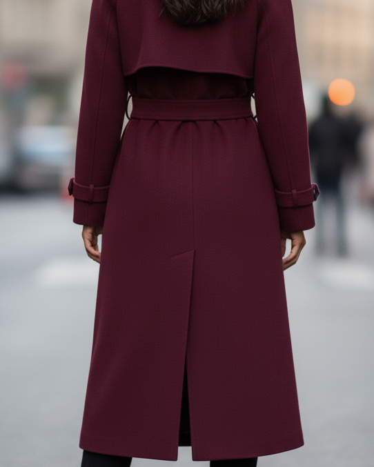 Structured burgundy trench coat by Lumina Wear featuring a feminine fit, displayed on a hanger with a blurred urban background.