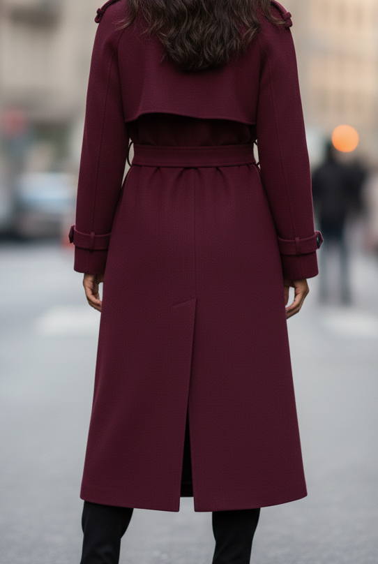 Structured burgundy trench coat for women by Lumina Vancouver, featuring a feminine fit and classic coat silhouette.