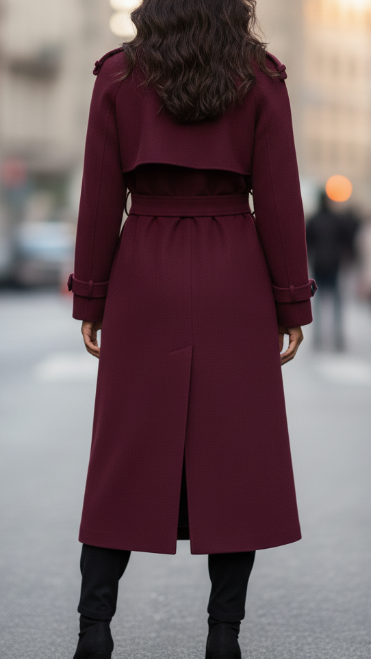 Structured burgundy trench coat for women by Lumina Vancouver, featuring a feminine fit and classic coat silhouette.