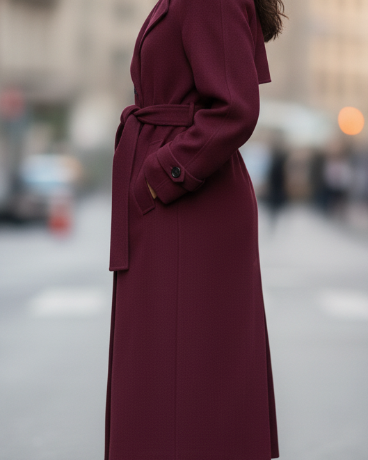 Structured burgundy trench coat with feminine fit by Lumina Wear, featuring tailored design and classic style.