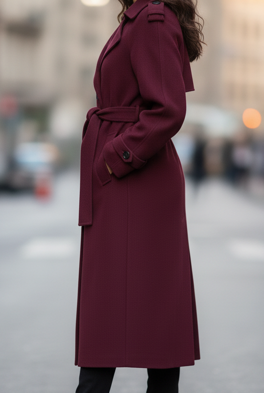 Bright burgundy Elena structured trench coat with feminine fit from Lumina Vancouver, shown on a model, stylish and tailored design.