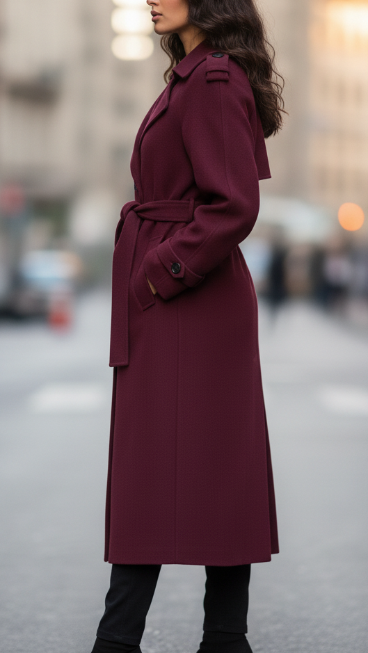 Bright burgundy Elena structured trench coat with feminine fit from Lumina Vancouver, shown on a model, stylish and tailored design.