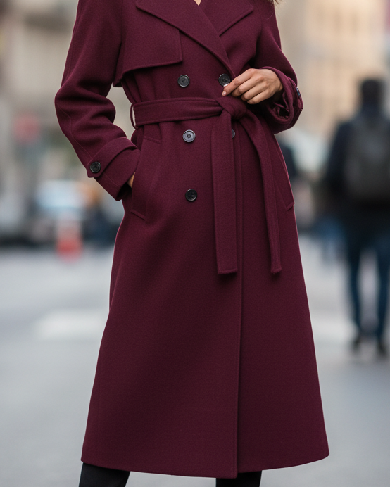 Structured burgundy trench coat by Lumina Wear, featuring a feminine fit and tailored design, shown on a model.