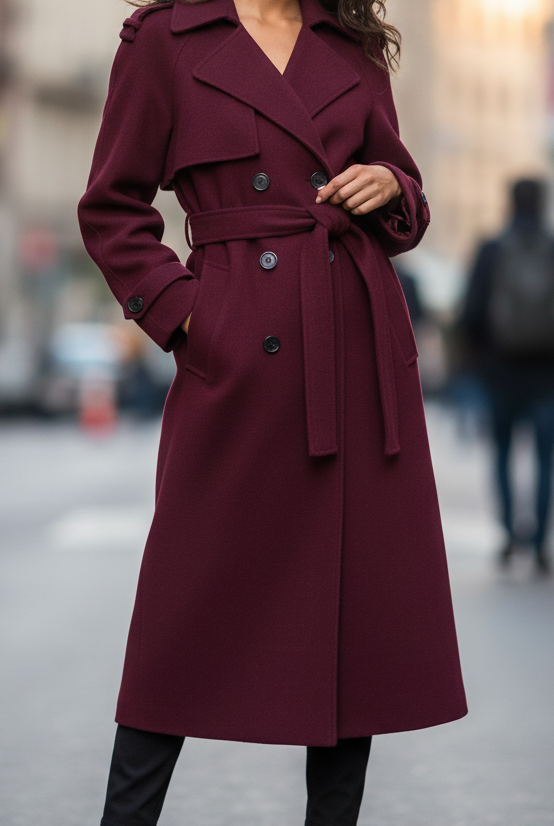 Structured Burgundy Trench Coat from Lumina Vancouver, Elena style, featuring a feminine fit and classic design.