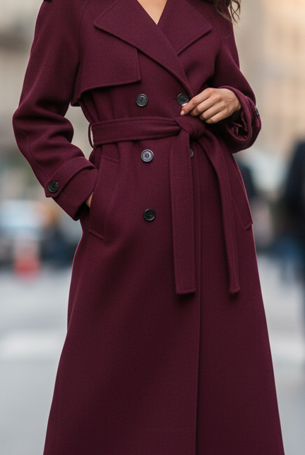 Structured burgundy trench coat for women, Lumina Elena with feminine fit and classic design in a vibrant burgundy color.
