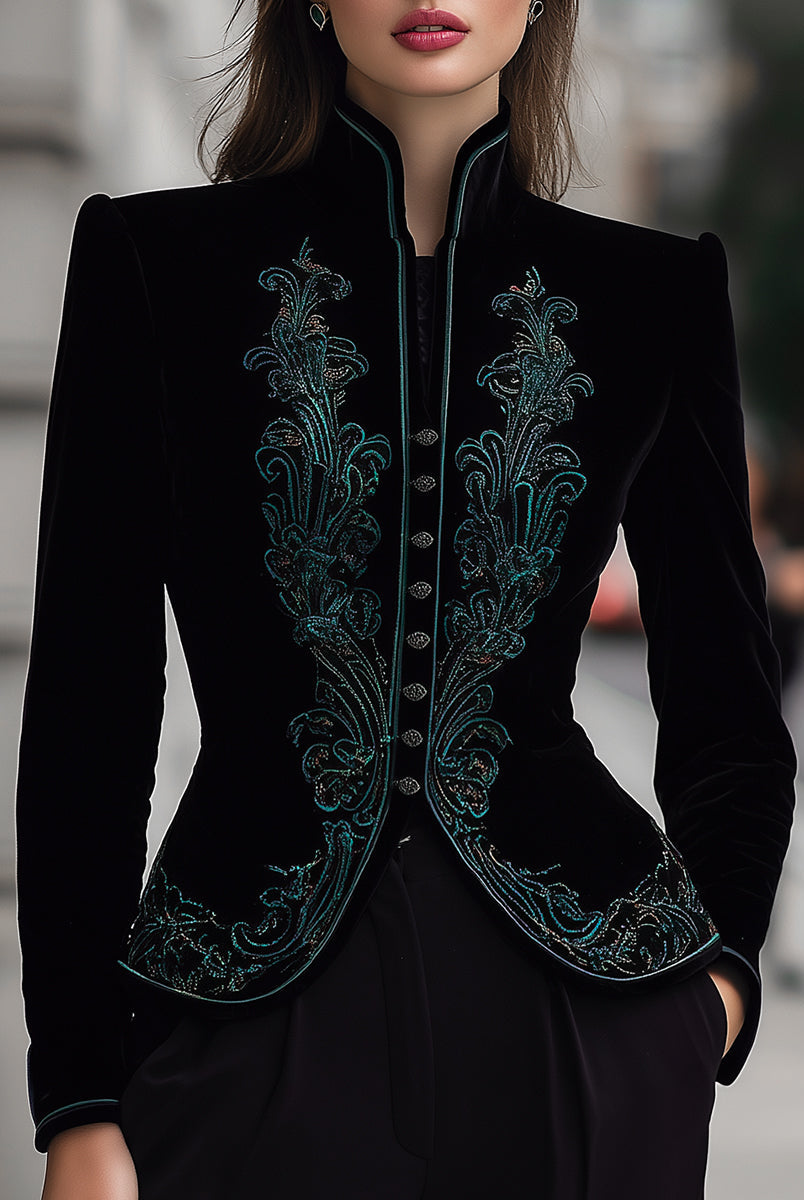 Black tailored blazer with buttons from Lumina Wear, shown on a mannequin, featuring structured fit and classic lapel design