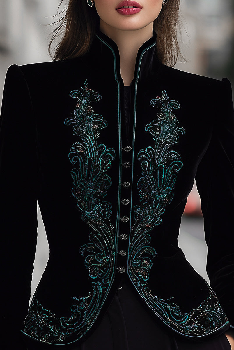 Black tailored blazer with buttons from Lumina Wear, styled on a model, featuring a fitted design and classic lapel.