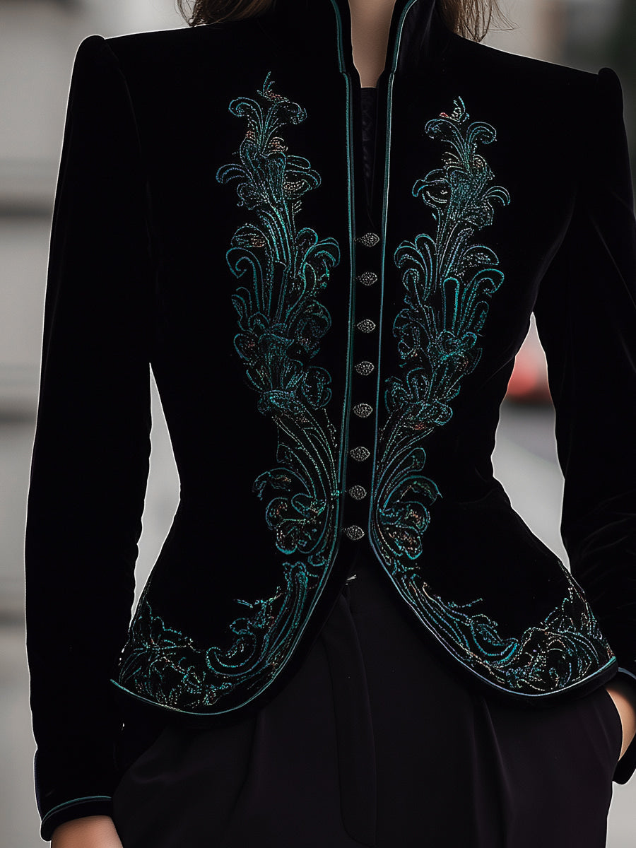 Black Lumina Wear Calla tailored blazer with buttons, slim fit, stylish design, shown on a model.