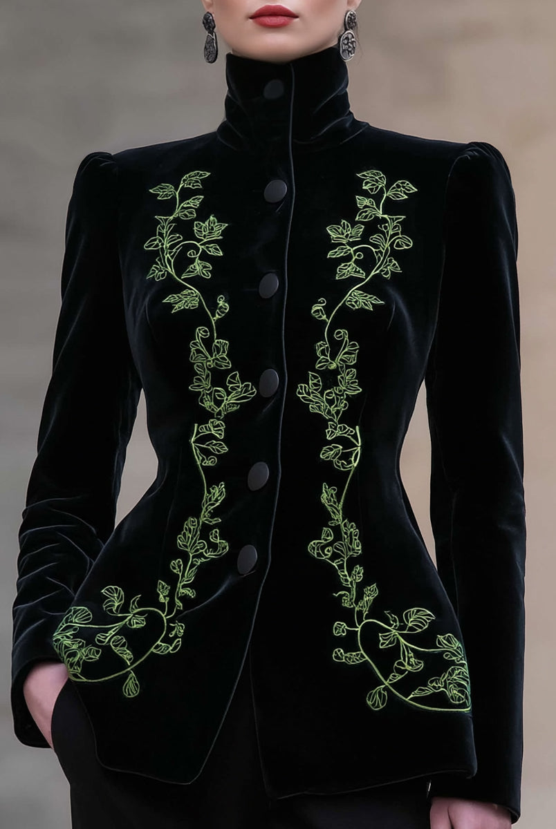 Black Bettina tailored blazer with high neck and velvet embroidery by Lumina Wear, shown on a model.