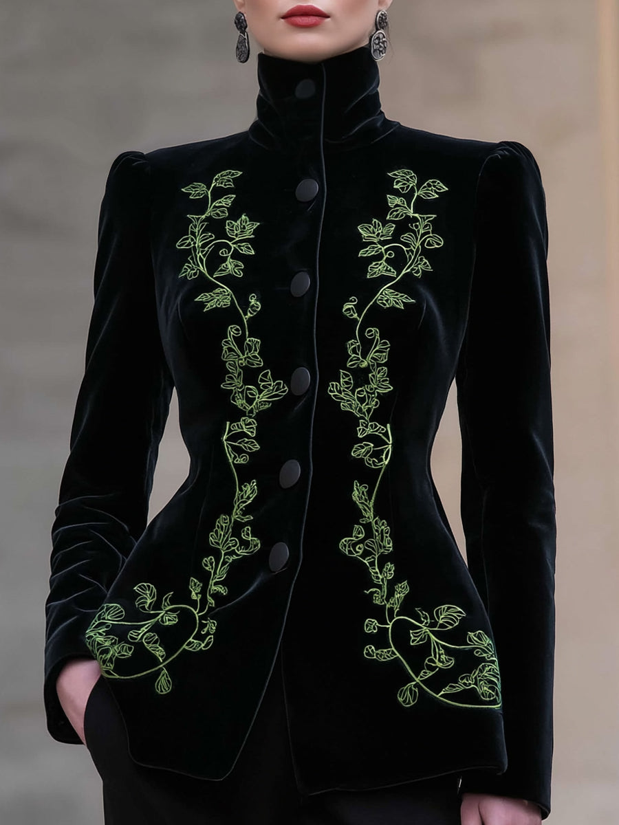 Black Bettina tailored blazer with high neck and velvet embroidery by Lumina Wear, shown on a model.