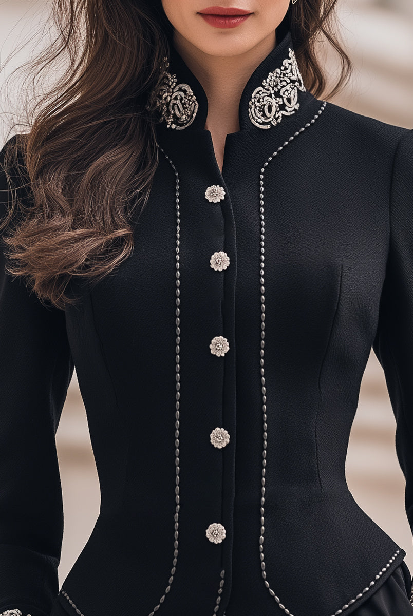 Black tailored blazer with ornate embroidery from Lumina Wear, featuring structured fit and intricate embroidery details.