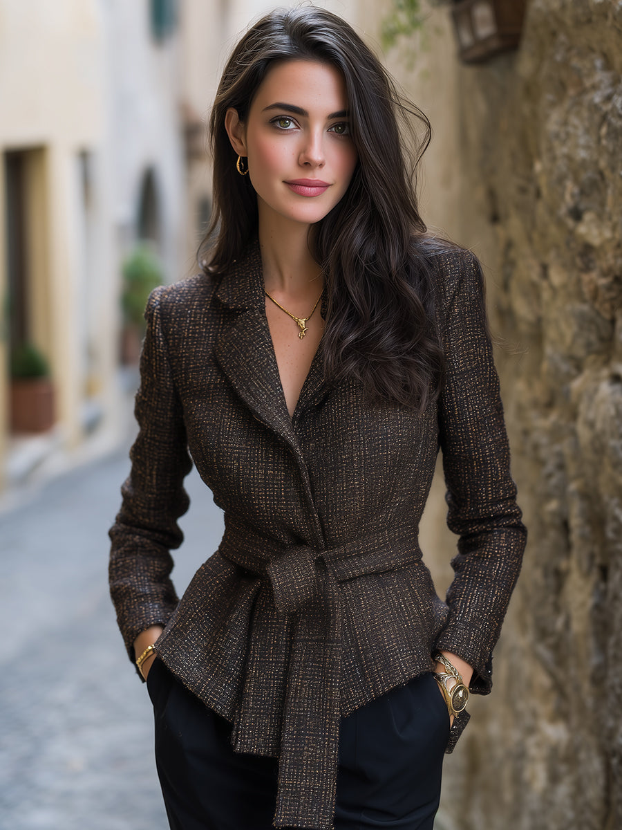 Brown textured blazer with belt by Lumina Wear, shown on a model, featuring a tailored fit and stylish design.