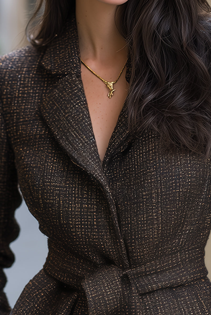 Brown textured blazer with belt by Lumina Wear, shown on a model, featuring a tailored fit and stylish design.