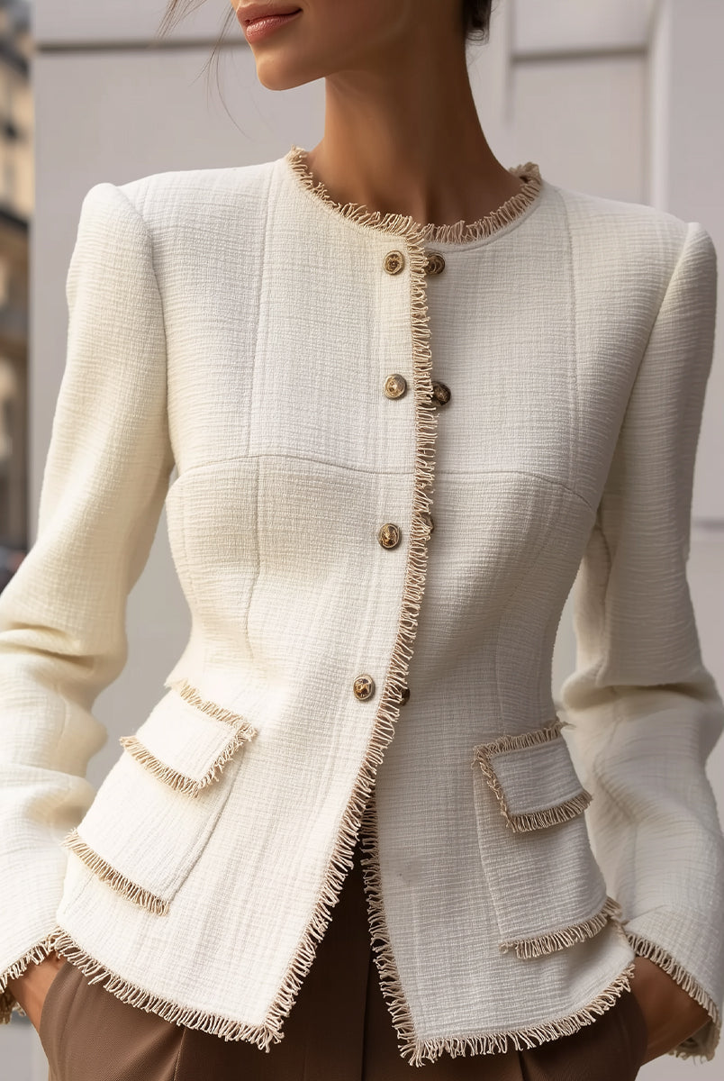 Cream textured blazer with decorative trim from Lumina Wear, shown on a model, size XS, stylish and tailored design.