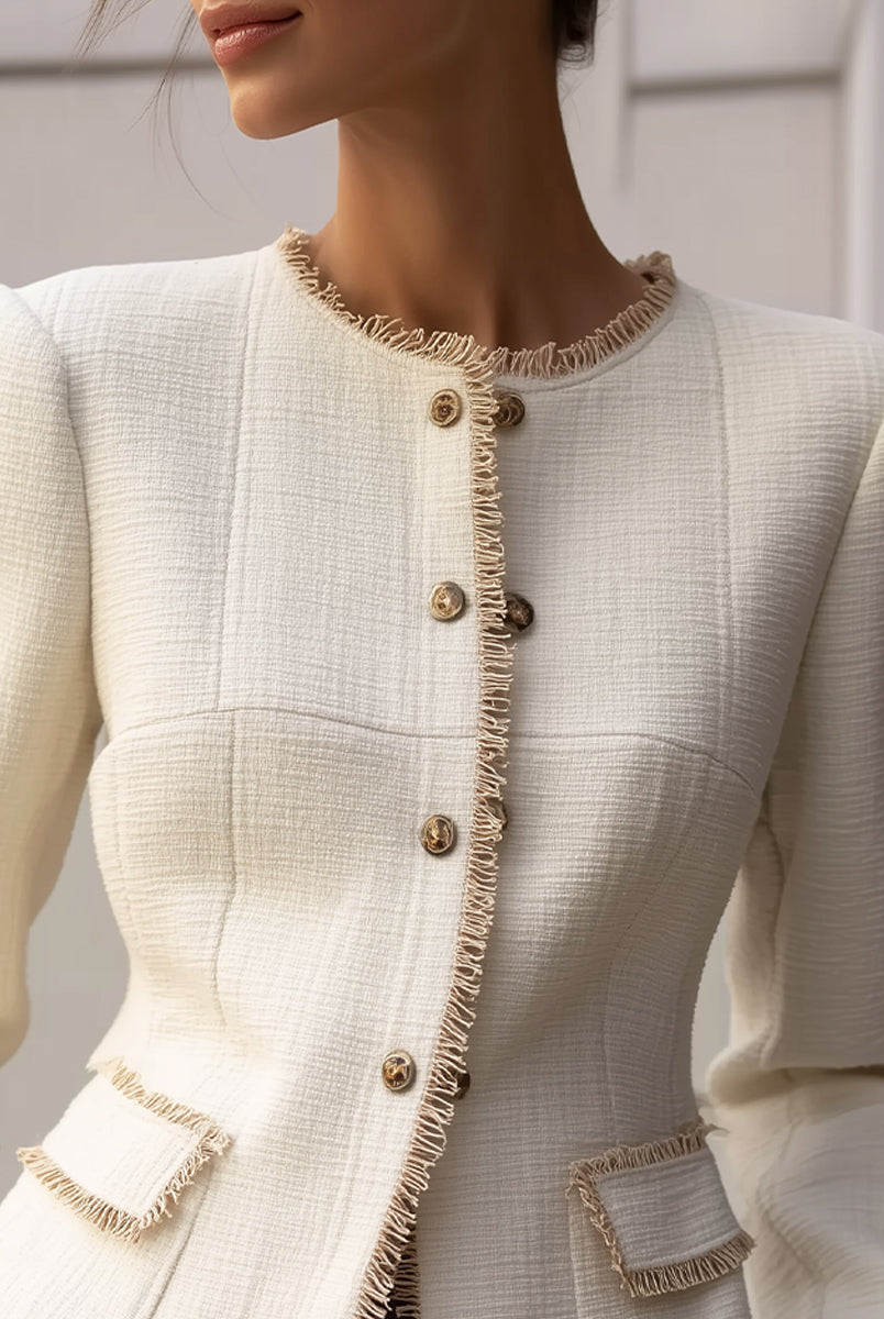 Cream textured blazer with decorative trim from Lumina Wear, styled with a tailored fit and elegant design.
