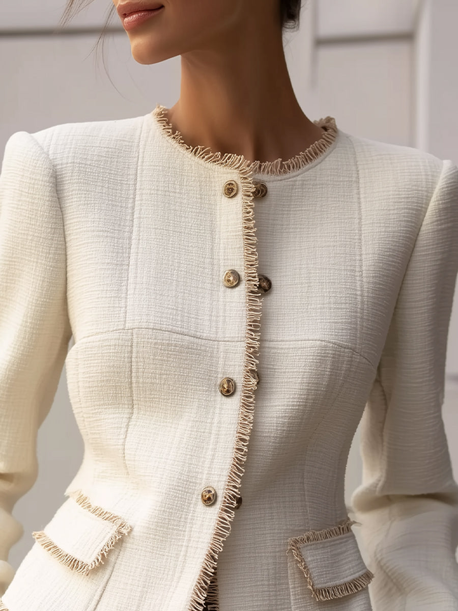 Cream textured blazer with decorative trim from Lumina Wear, styled with a tailored fit and elegant design.