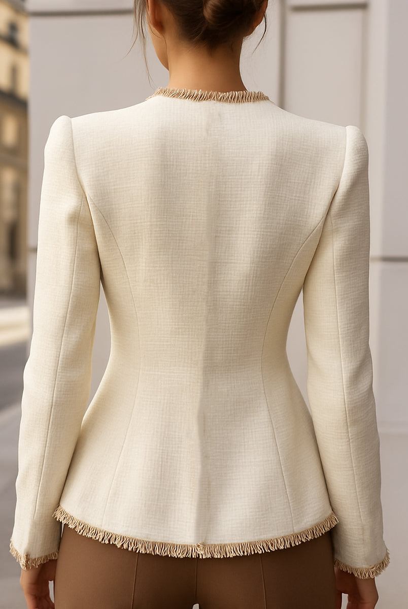 Cream textured blazer with decorative trim by Lumina Wear, shown on a model, size XS, featuring stylish lapels and tailored fit.