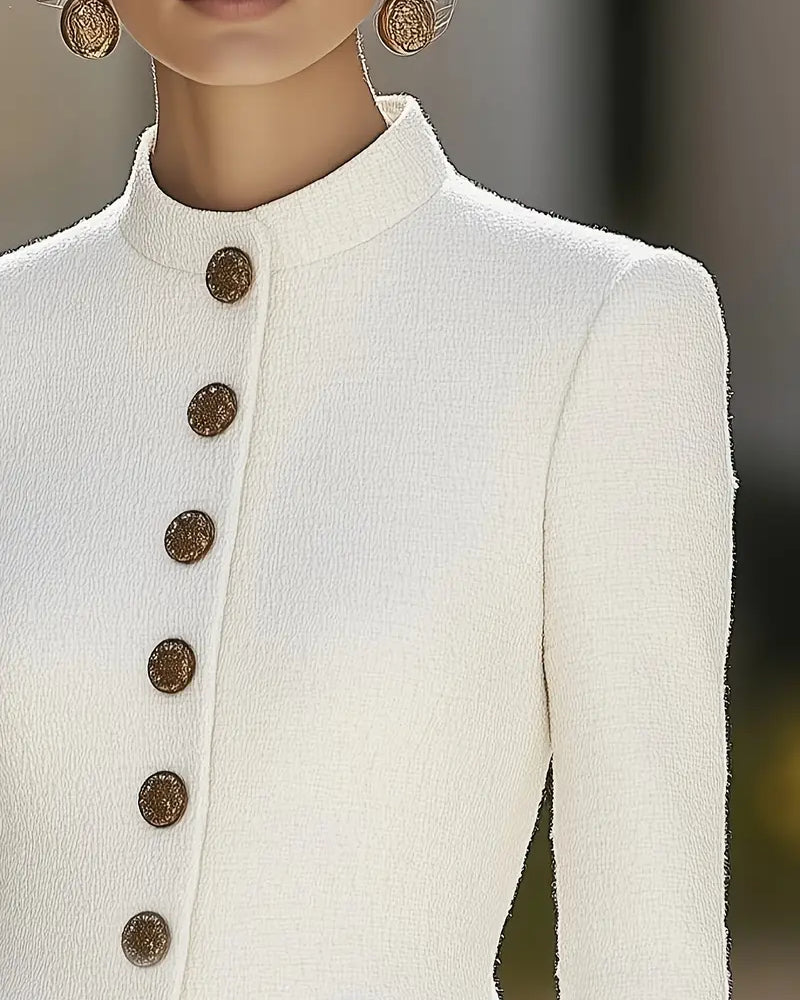 White Elena textured blazer by Lumina Wear featuring a stand collar and gold buttons, shown on a model.