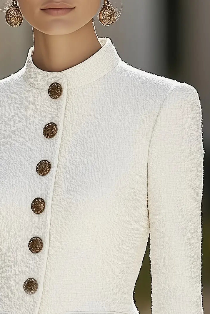 White Elena textured blazer with stand collar and gold buttons by Lumina Vancouver, shown on a model.
