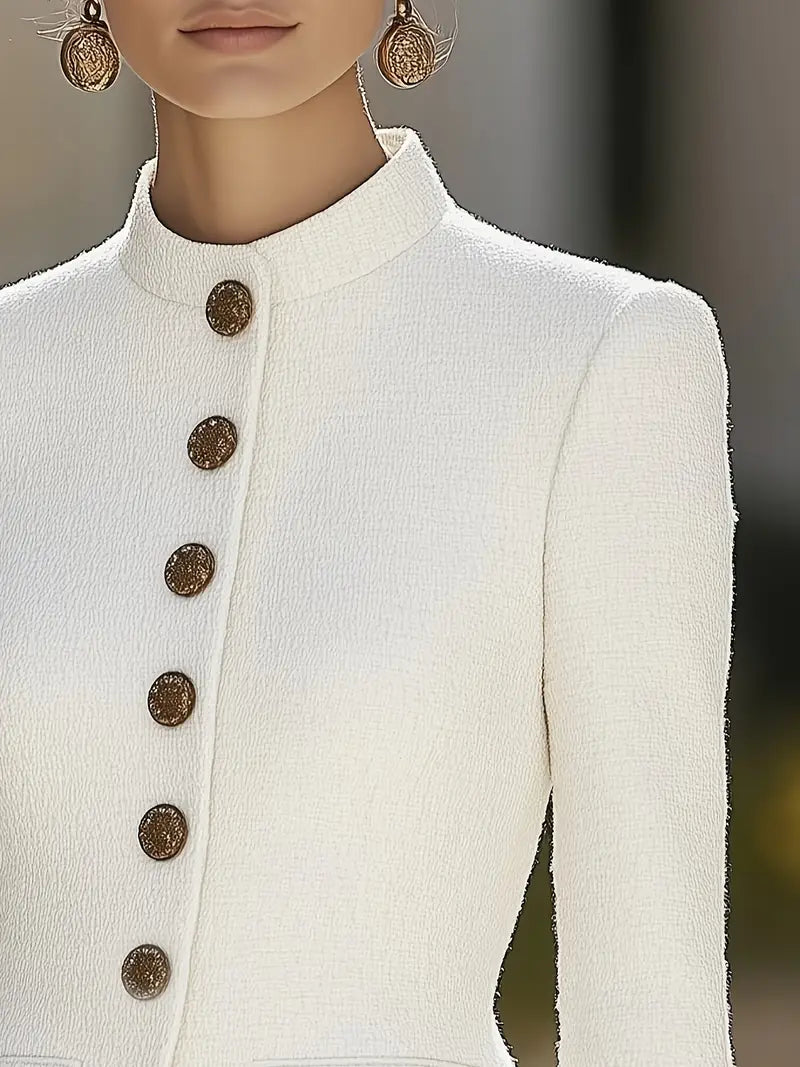 White Elena textured blazer with stand collar and gold buttons by Lumina Vancouver, shown on a model.