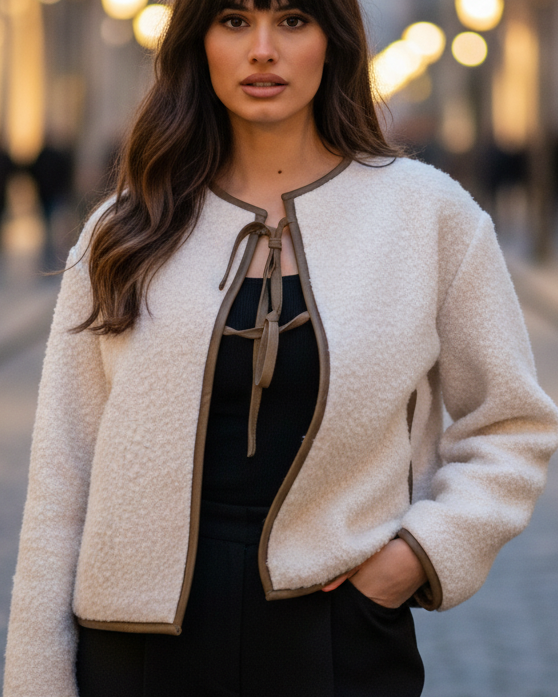 Beige Elena textured tie-front cropped coat by Lumina Wear, shown on a model, featuring a stylish cropped design and tie-front detail.