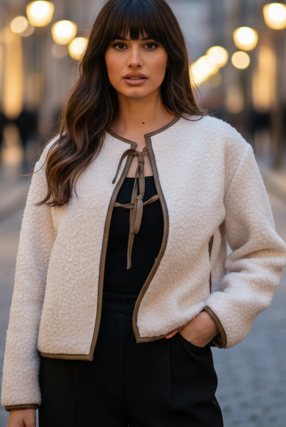 Beige Elena textured tie-front cropped coat by Lumina Vancouver, stylish short jacket with a tie closure and textured fabric.