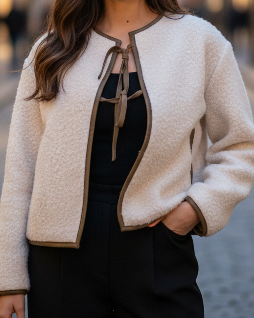 Beige Elena textured tie-front cropped coat by Lumina Wear, showcasing stylish design and modern fit.