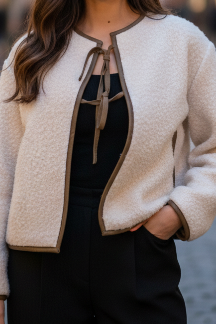 Beige Elena textured tie-front cropped coat by Lumina Vancouver, showing the lightweight, stylish jacket with a tie-front design.
