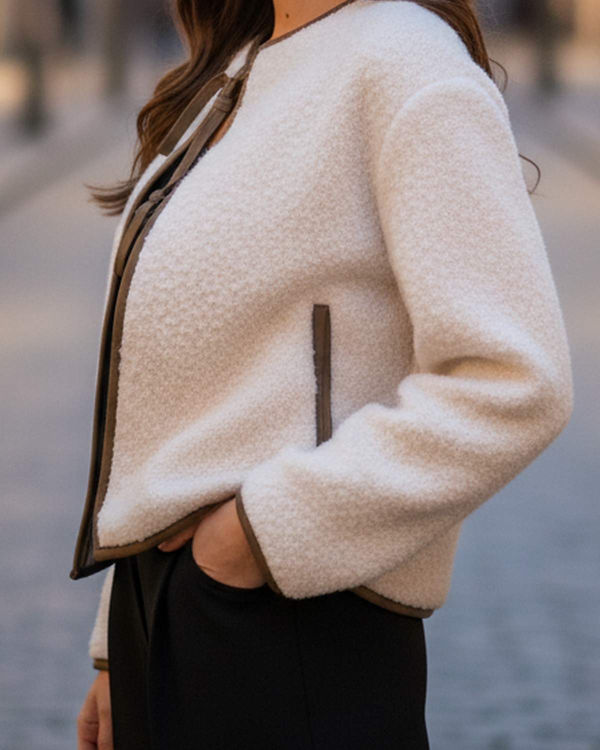 Beige textured tie-front cropped jacket by Lumina Wear, featuring a stylish coat design with front tie detail.