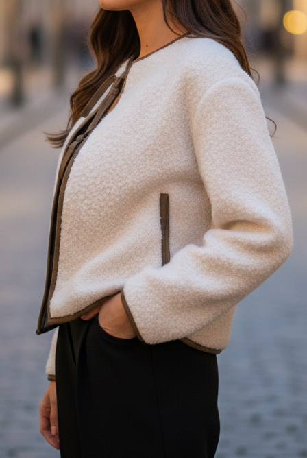 Beige Elena textured tie-front cropped coat by Lumina Vancouver, featuring a stylish design and lightweight fabric.
