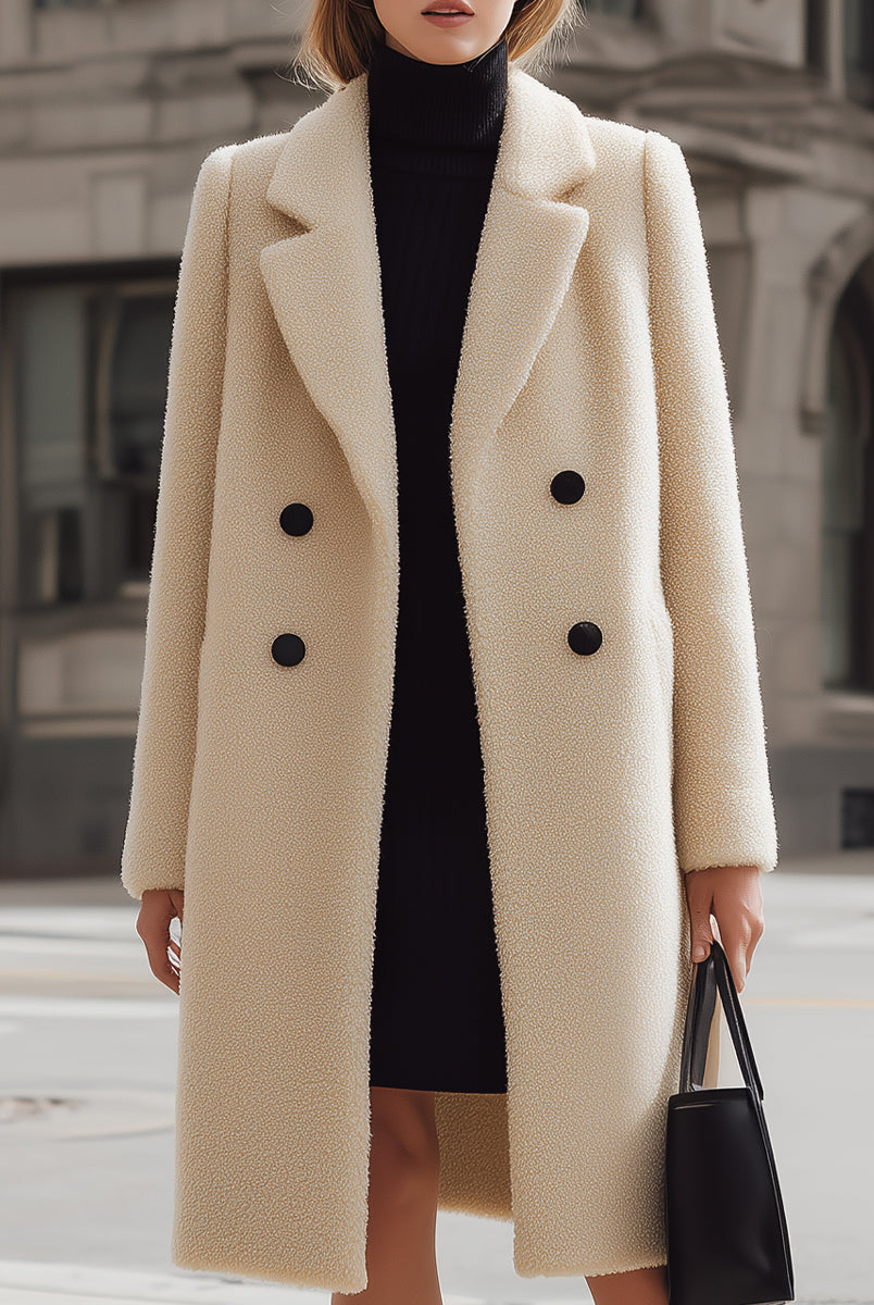 Cream textured wool Elena double-breasted coat by Lumina Vancouver displayed on a hanger.