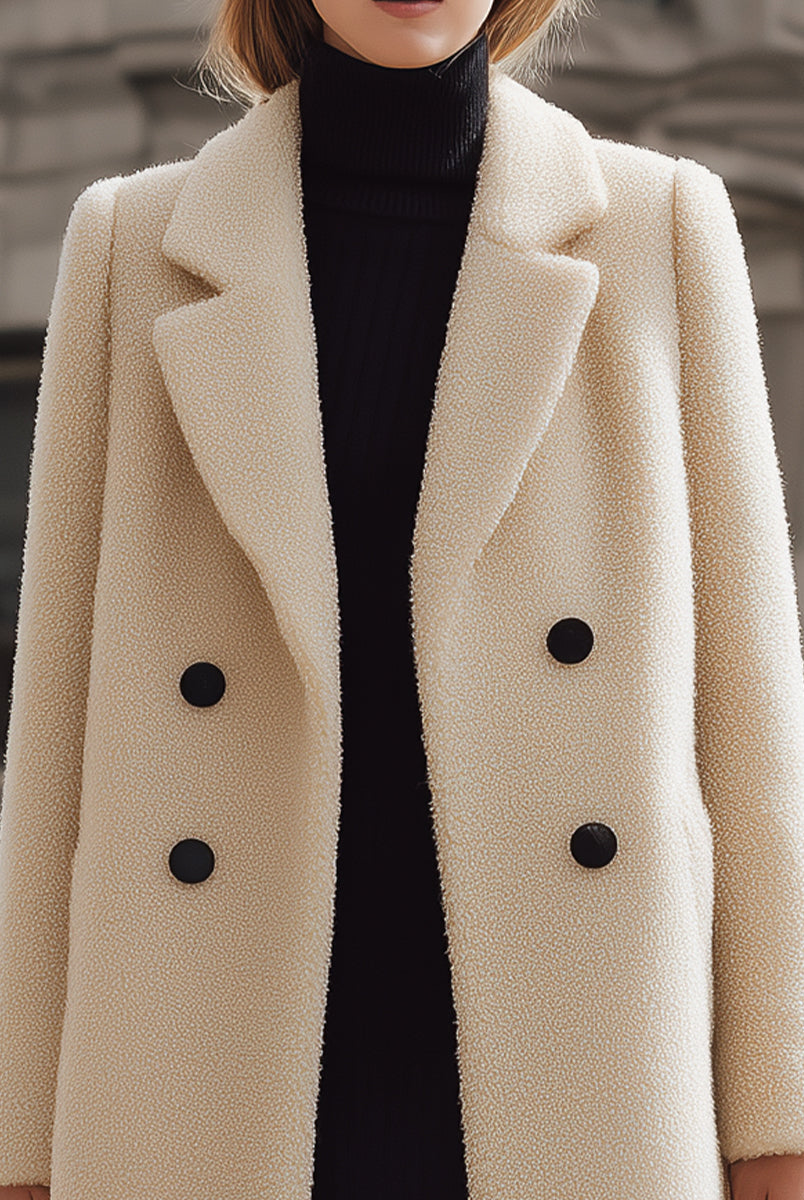 Cream Elena textured double-breasted wool coat by Lumina Vancouver, shown on a model, highlighting its stylish tailored design.