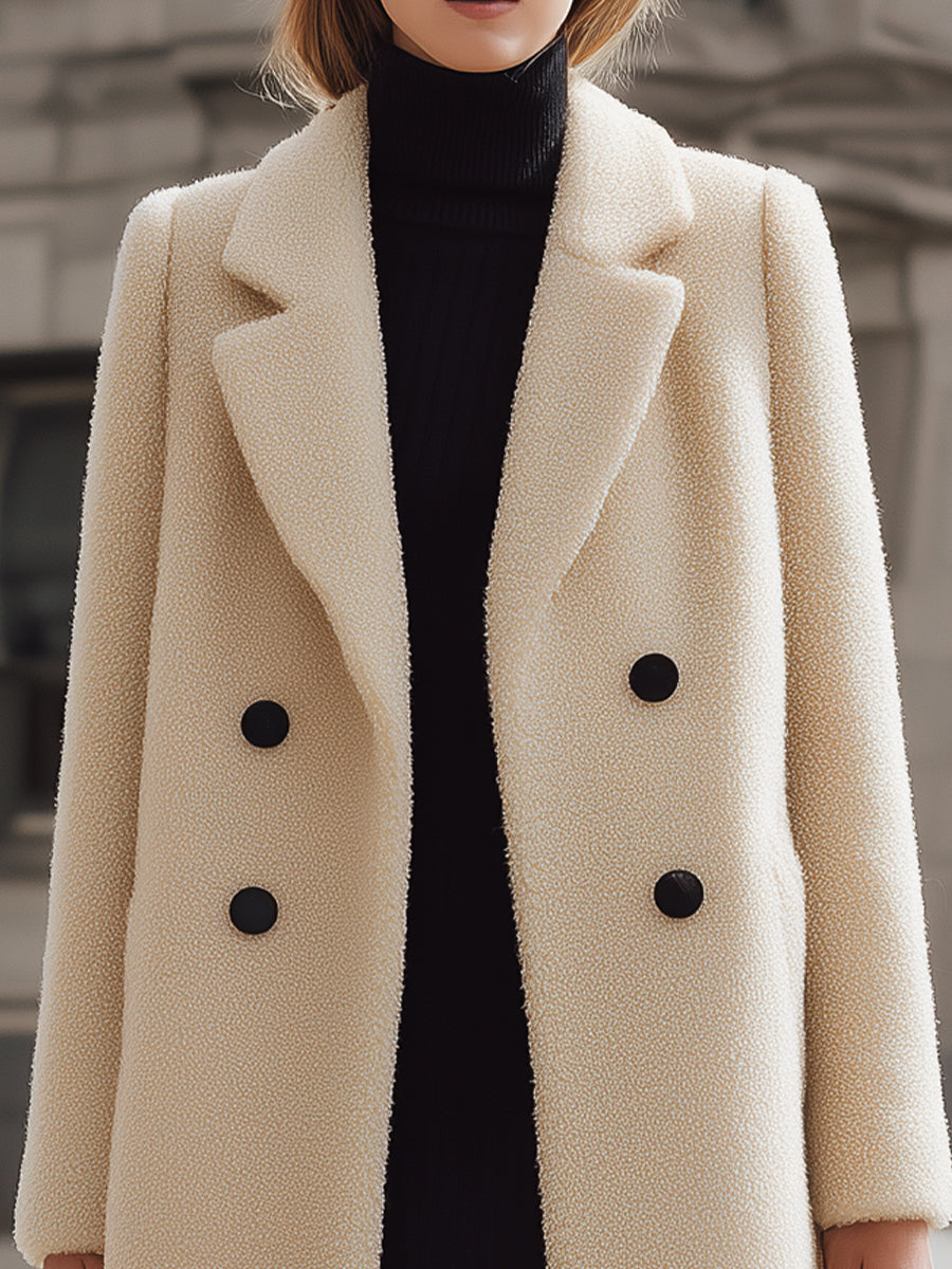 Cream Elena textured double-breasted wool coat by Lumina Vancouver, shown on a model, highlighting its stylish tailored design.
