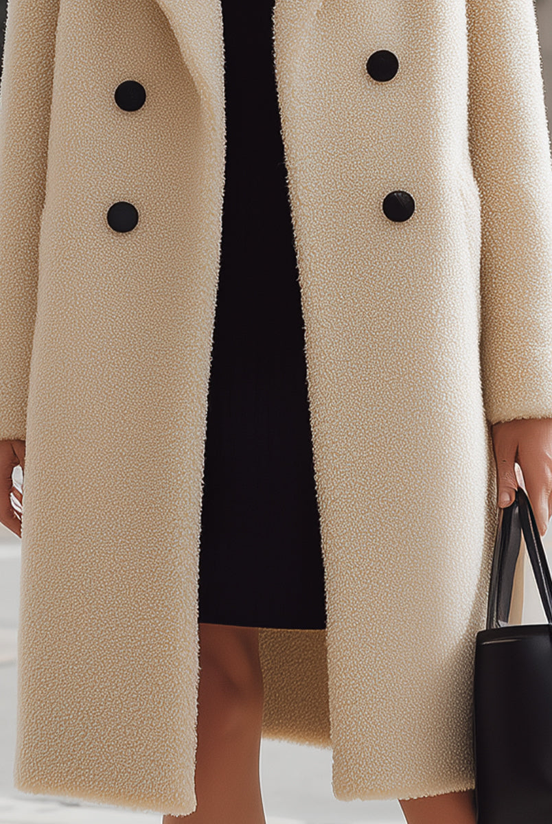 Cream Elena textured wool double-breasted coat by Lumina Vancouver, shown on a mannequin with button details.