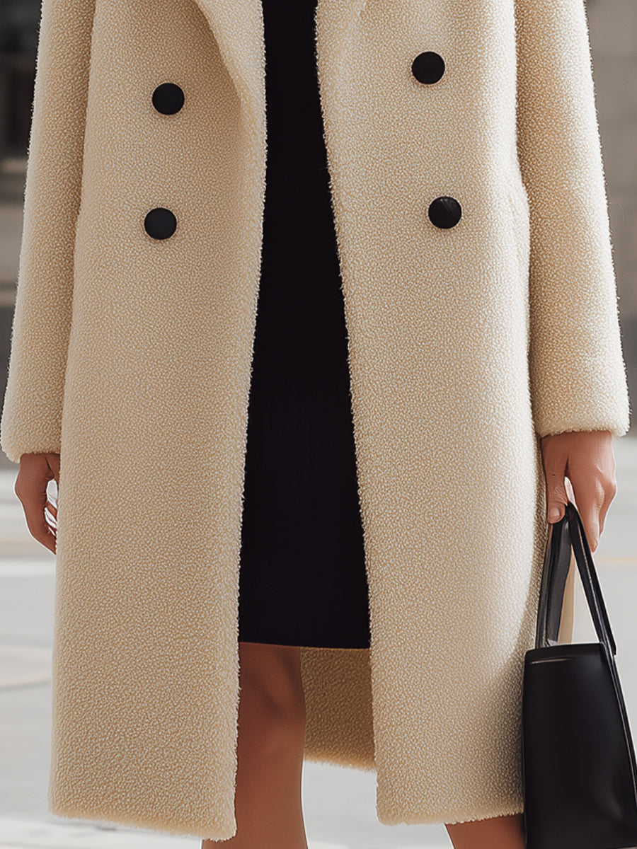 Cream Elena textured wool double-breasted coat by Lumina Vancouver, shown on a mannequin with button details.