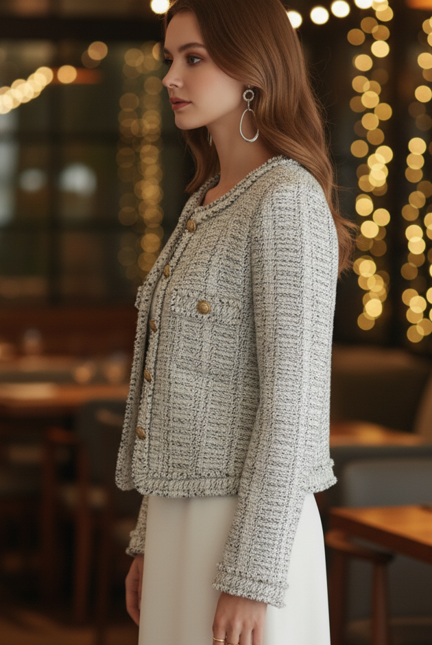 Light blue Elena tweed jacket with contrast trim by Lumina Vancouver, showing tailored fit and textured fabric.
