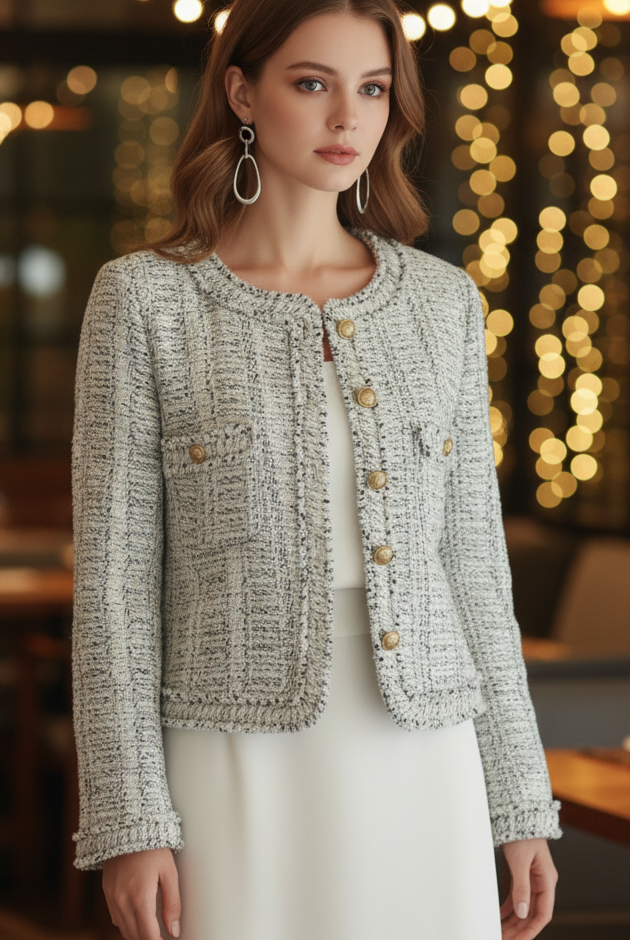 Light blue Elena tweed jacket with contrast trim by Lumina Vancouver, showing the tailored fit and stylish design.