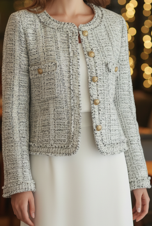 Light blue Elena tweed jacket with contrast trim by Lumina Vancouver, shown on a model showcasing its stylish fit.