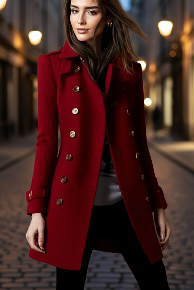 Velvet blazer by Lumina Vancouver, Elena in burgundy with gold accents, featuring a tailored fit and stylish design.